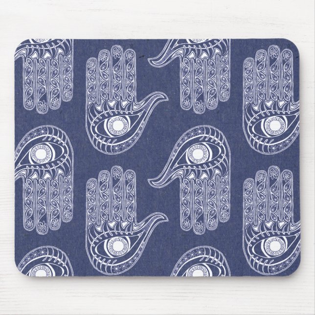 Blue & White Hamsa Hand Mönster / Evil Öga Defence Musmatta (Framsidan)