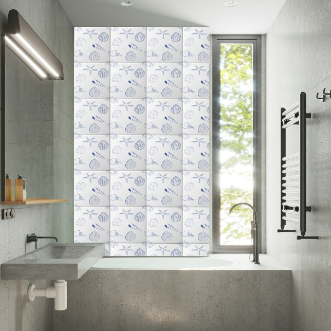 Blue White Hand plockade Snäckor Beach, sommar Kakelplatta (Blue White Hand Drawn Sea Shells Beach Summer Ceramic Tile)
