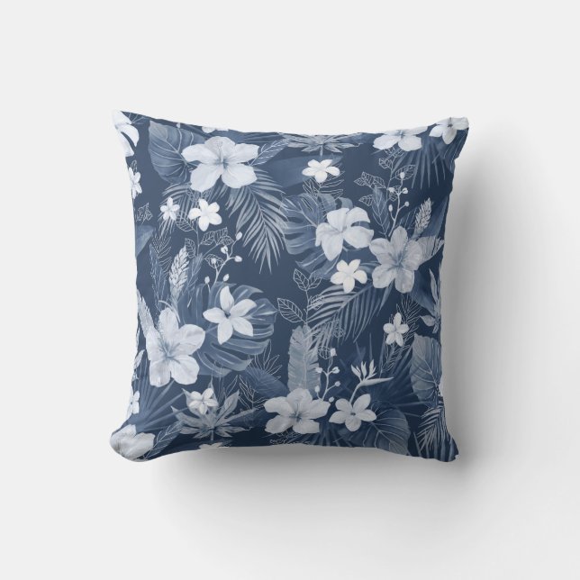 Blue White Handflatan Löv Tropical Flowers Kudde (Framsida)