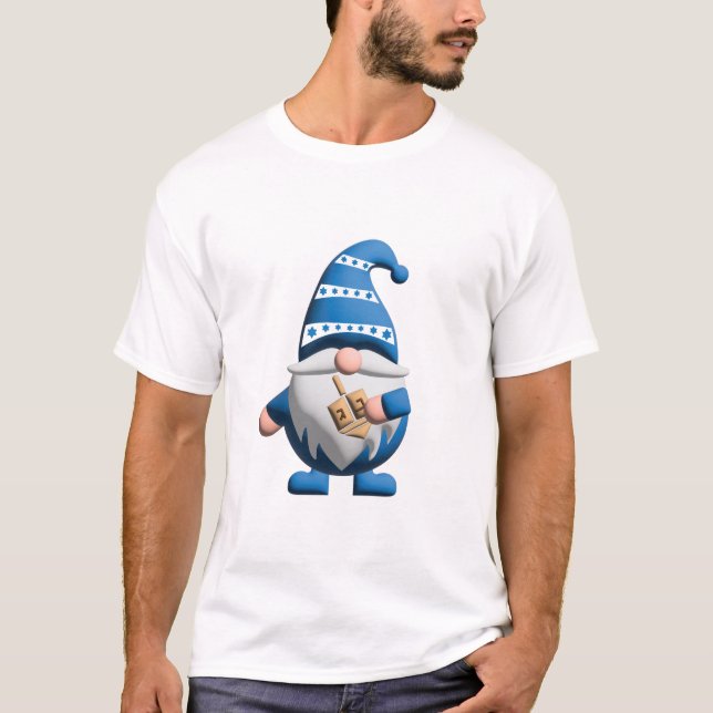 Blue White Hanukkah Gnome holding Dreidel T Shirt (Framsida)