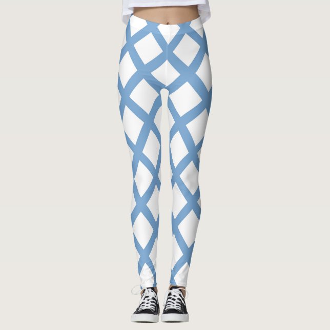 Blue White Harlequin Diamond Rand Mönster Leggings (Framsida)