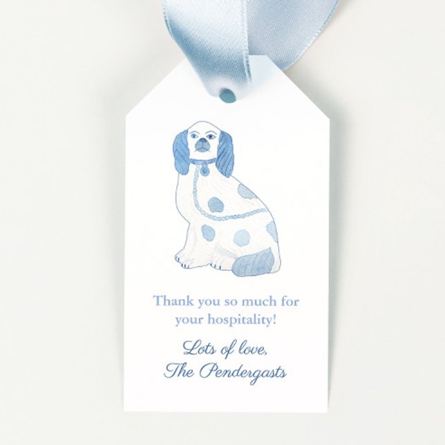 Blue & White HEarth Spain Pottery Hund Värdinna Presentetikett (Preppy watercolor blue and white chinoiserie dog hostess gift tag or baby shower favor tag)