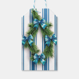 BLUE & WHITE HOLIDAY BOWS & STRIPES WITH GARLAND PRESENTETIKETT