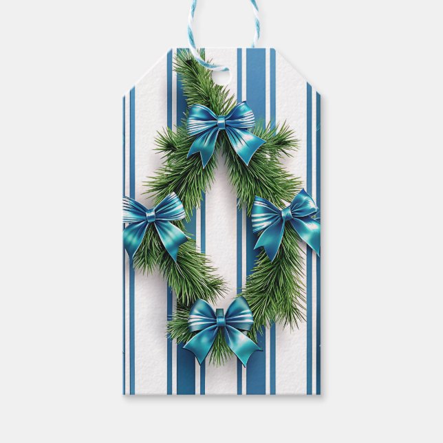 BLUE & WHITE HOLIDAY BOWS & STRIPES WITH GARLAND PRESENTETIKETT (Framsidan)