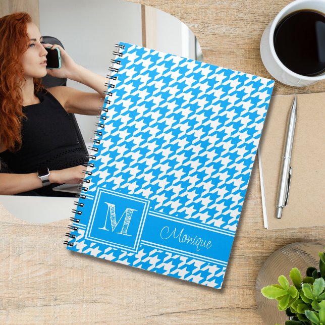 Blue White Houndstooth | Modern Monogram Anteckningsbok (Skapare uppladdad)