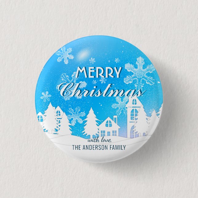 Blue White House Snöflingor Julafton Gott nytt år Knapp (Framsida)