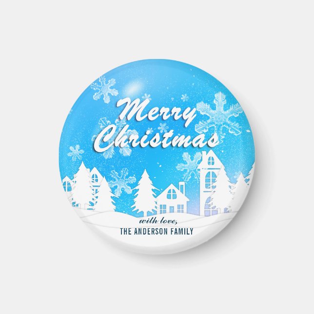 Blue White House Snöflingor Julafton Gott nytt år Magnet (Framsidan)