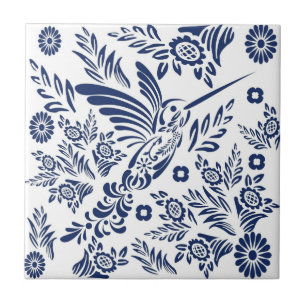 Blue & White Hummingbird Mexican Blommigt Talavera Kakelplatta