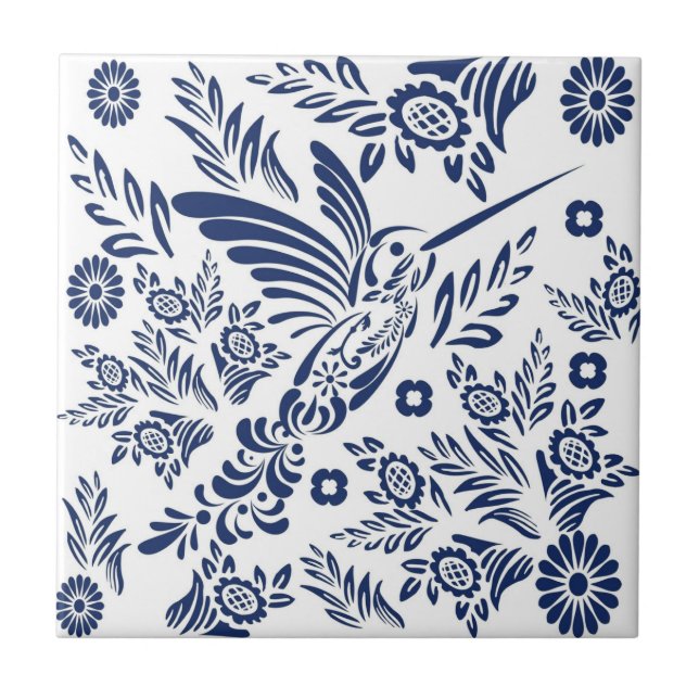 Blue & White Hummingbird Mexican Blommigt Talavera Kakelplatta (Framsidan)