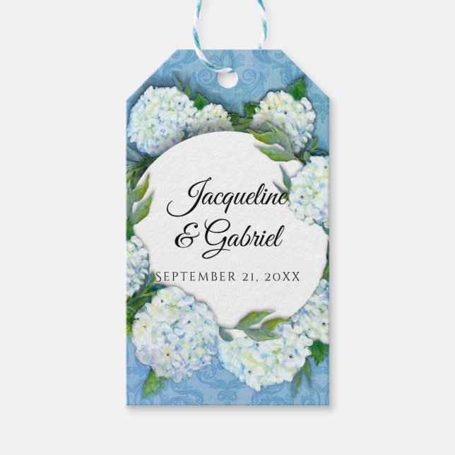 Blue White Hydrangea Blommigt Elegant Damask Weddi Presentetikett (Framsidan)