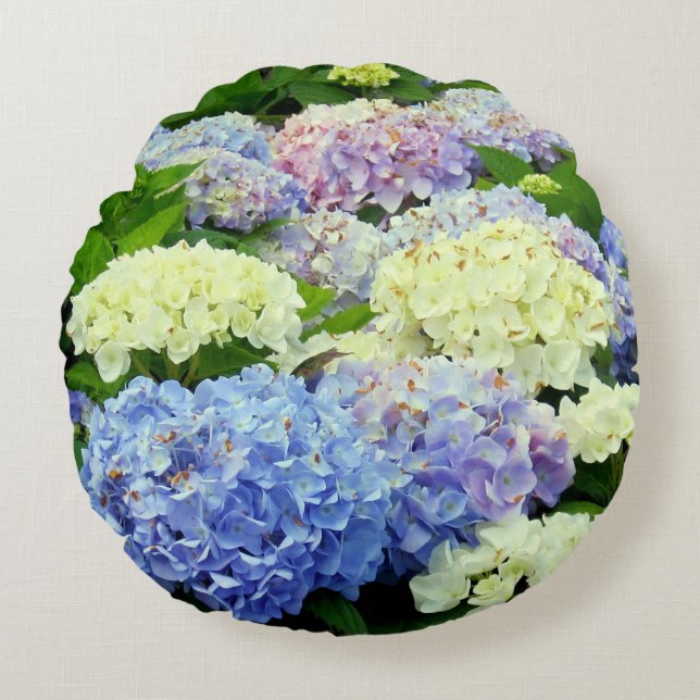 Blue-White-Hydrangea Flowers-ROUND PILLOW Rund Kudde (Framsidan)