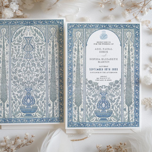 Blue White Iznik Tile Inspired Muslim Bröllop Inbjudningar (Skapare uppladdad)