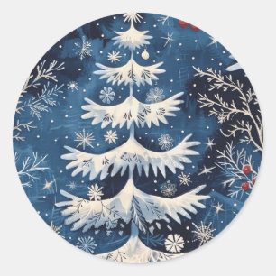 Blue White Julgran Helgdag Sticker Runt Klistermärke