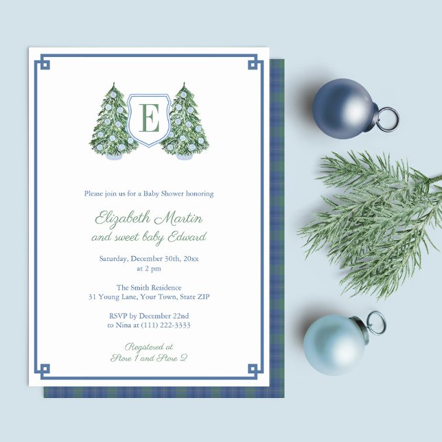 Blue White Julgran Monogram Baby Shower Inbjudningar (Preppy Blue And Green Christmas Baby Shower invitation with fir trees, blue white baubles & tartan)