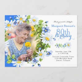 Blue White Land Daisy Photo 80 Birthday Inbjudningar