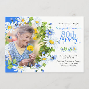 Blue White Land Daisy Photo 80 Birthday Inbjudningar