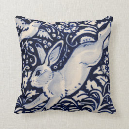 Blue White Leaping Rabbit Hare Bunny Chinoiserie Kudde