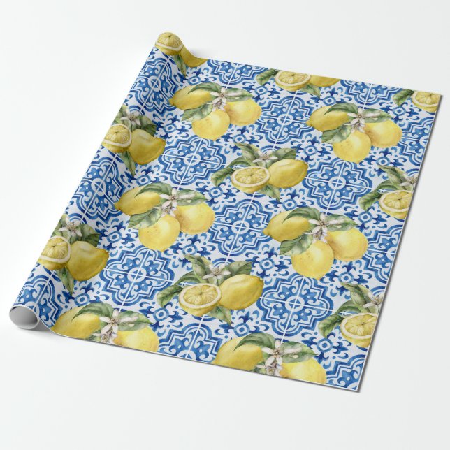 Blue White Lemon Tile Mediterranean Pattern Presentpapper (Utrullad)