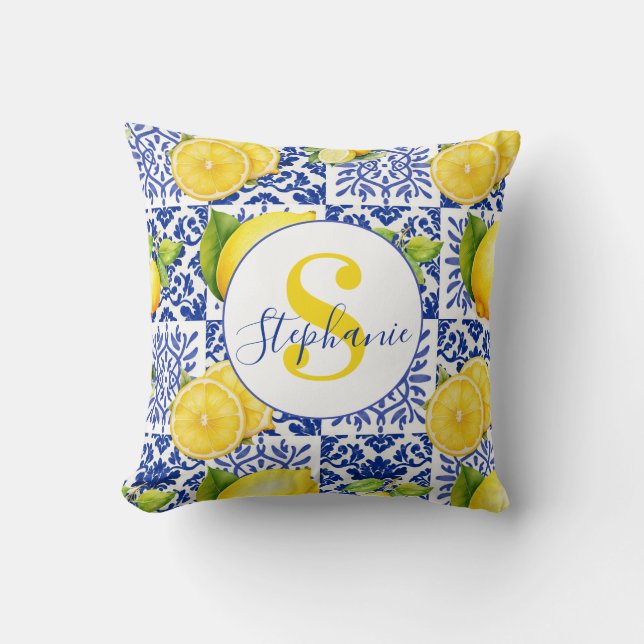 Blue White Lemon Tile Pattern Citrus Monogram Name Kudde (Framsida)