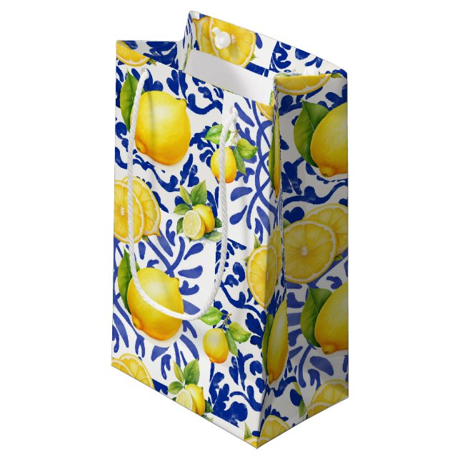 Blue White Lemon Tile Pattern Mediterranean Citrus (Framsidan Vinklad)