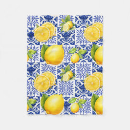 Blue White Lemon Tile Pattern Mediterranean Citrus Fleecefilt