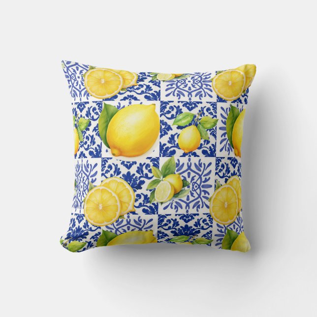 Blue White Lemon Tile Pattern Mediterranean Citrus Kudde (Framsida)