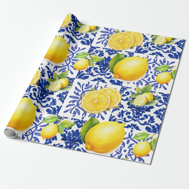 Blue White Lemon Tile Pattern Mediterranean Citrus Presentpapper (Utrullad)