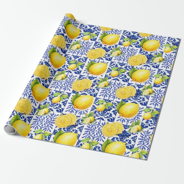 Blue White Lemon Tile Pattern Mediterranean Citrus Presentpapper (Utrullad)