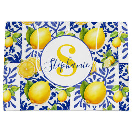 Blue White Lemon Tile Pattern Monogram Name Citrus