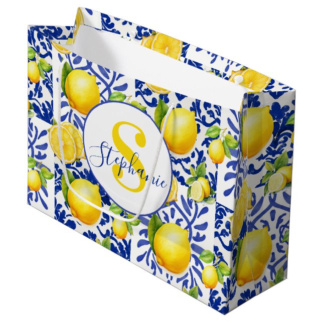 Blue White Lemon Tile Pattern Monogram Name Citrus (Framsidan Vinklad)
