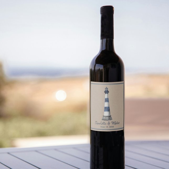 Blue White Lighthouse Gräns Kraft Bröllop Vinflaska Etikett (Skapare uppladdad)