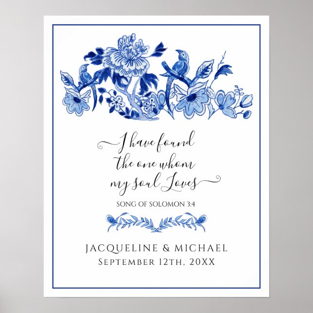 Blue White Love birds China Blommigt Välkommen Brö Poster (Framsidan)