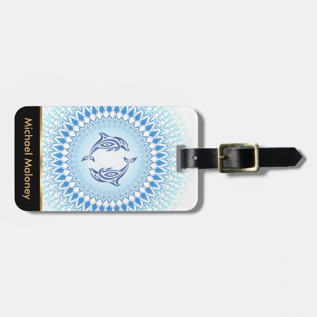 Blue White Mandala Dolphins Bagagebricka (Horisontell Framsida)