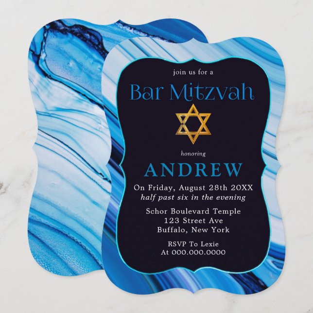 Blue White Marble Pub Mitzvah Star of David Inbjudningar (Fram/baksida)