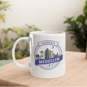 Blue White Medellin Colombia Cityscape Logotyp Kaffemugg