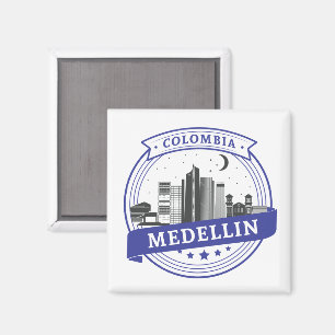 Blue White Medellin Colombia Cityscape Logotyp Magnet