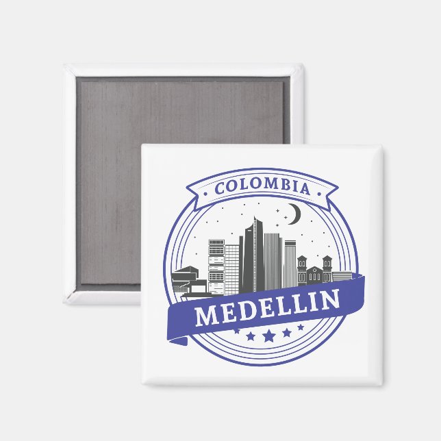 Blue White Medellin Colombia Cityscape Logotyp Magnet (Front/Back)