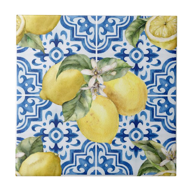 Blue White Mediterranean Lemon Pattern Kakelplatta (Framsidan)