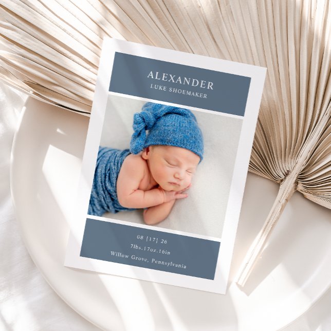 Blue White Minimalist Photo Baby Announcement Card Inbjudningar (Skapare uppladdad)