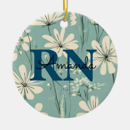 Blue White Modern Daisy Personlig Namn RN Nurse Julgransprydnad Keramik