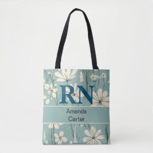 Blue White Modern Daisy Personlig Namn RN Nurse Tygkasse