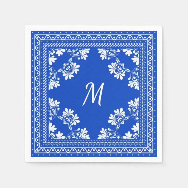 Blue- white monogram bandana mönster pappersservett (Framsidan)