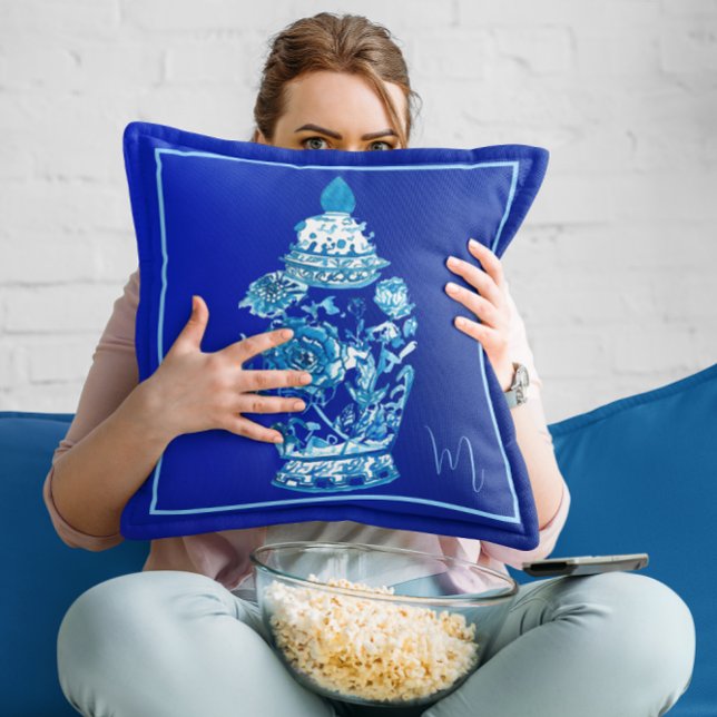 Blue White Monogrammed Elegant Ginger Burk Kudde (Skapare uppladdad)