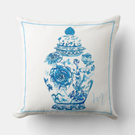 Blue White Mönster Monogrammed Elegant Ginger Burk Kudde