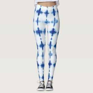 Blue White Mönster Shibori Indigo Blue Tie Dye Leggings
