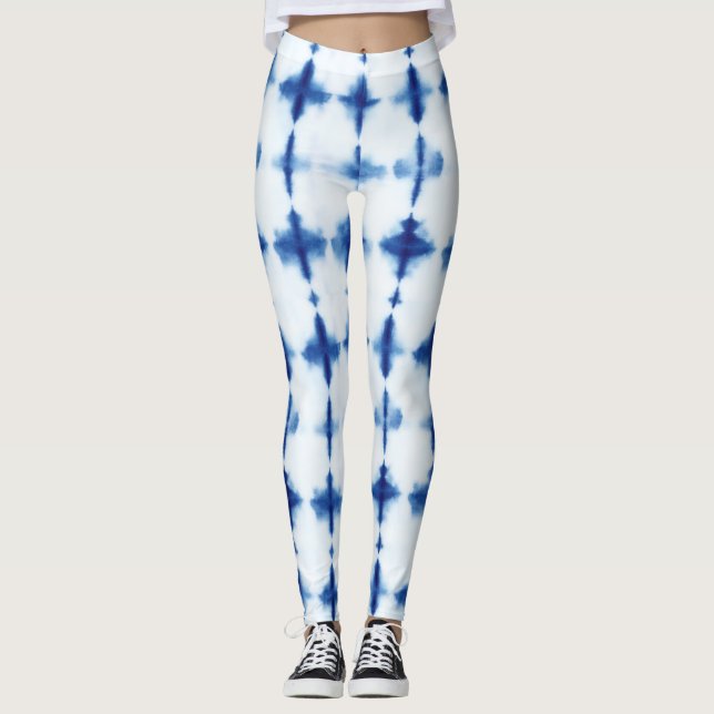 Blue White Mönster Shibori Indigo Blue Tie Dye Leggings (Framsida)