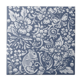 Blue White Mouse Woodland Forest Animal Ornate Kakelplatta