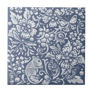 Blue White Mouse Woodland Forest Animal Ornate Kakelplatta