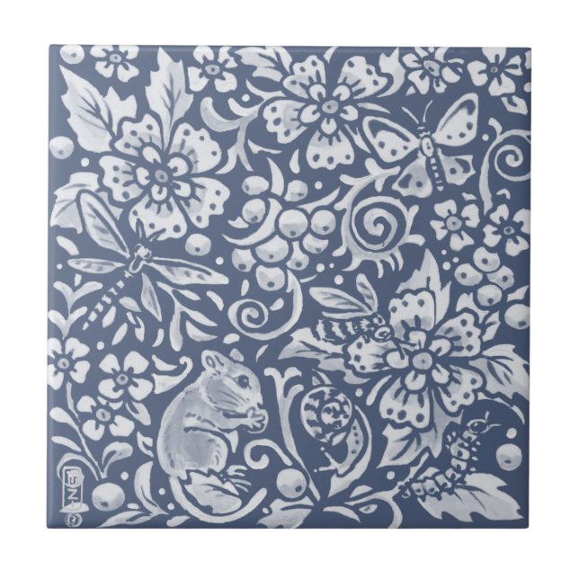 Blue White Mouse Woodland Forest Animal Ornate Kakelplatta (Framsidan)