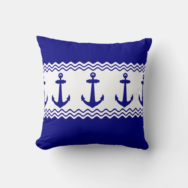 Blue White Nautical Anchor Coastal Stripes Kudde (Framsida)